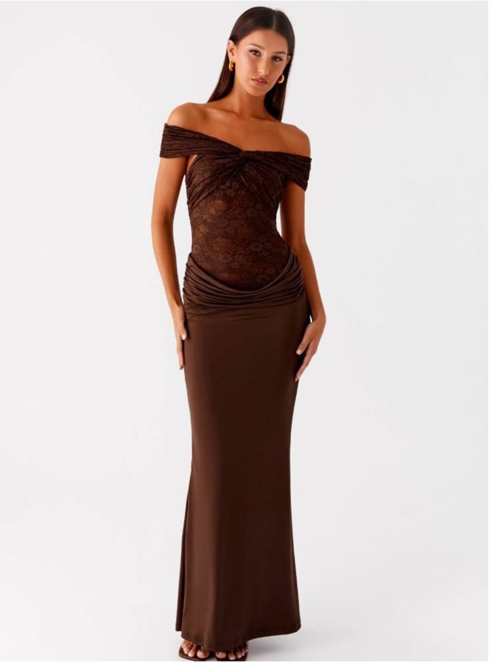 Peppermayo Off-Shoulder Lace Bodice Maxi Dress in Brown